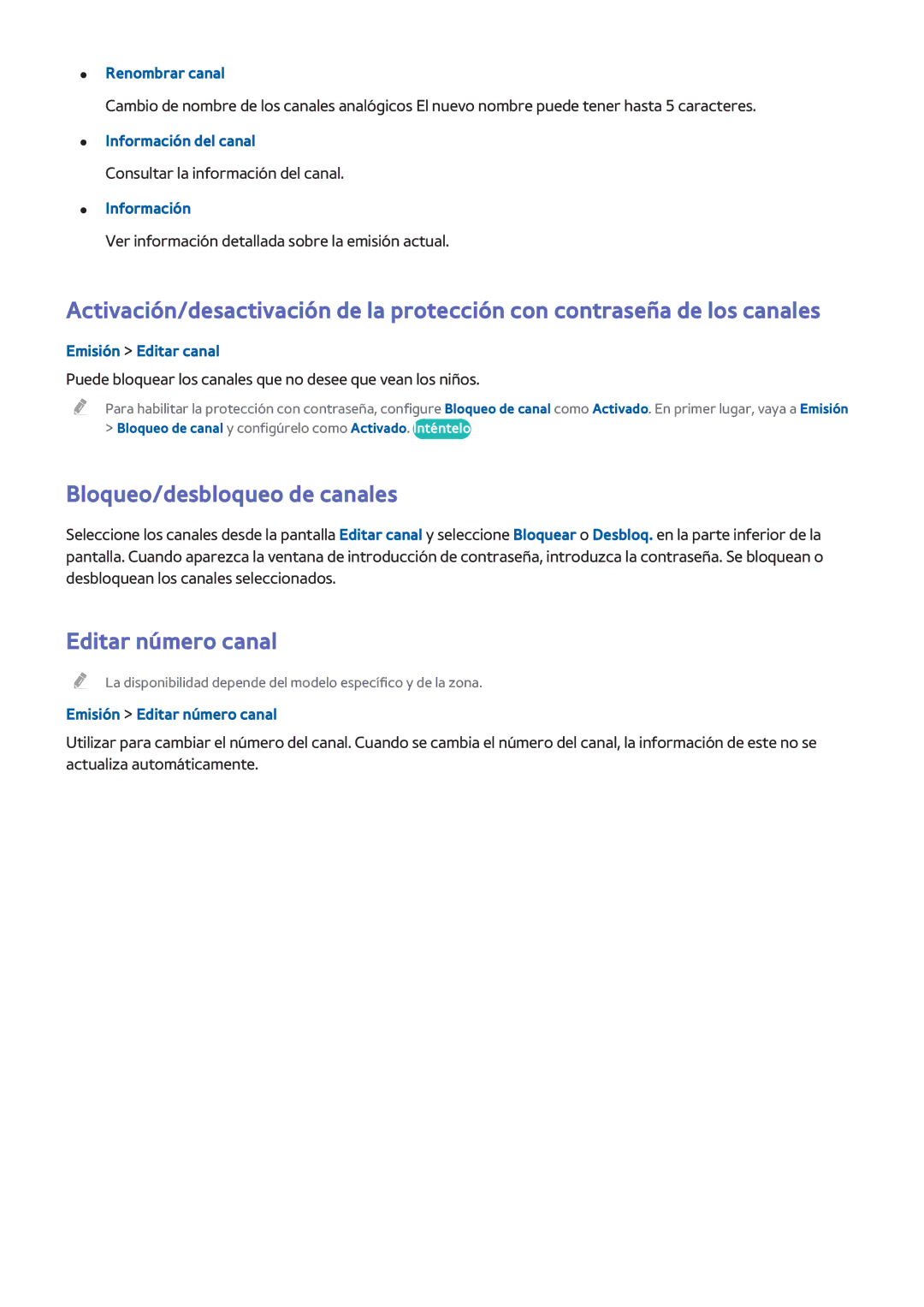 Samsung UE50H5500AWXXC manual Bloqueo/desbloqueo de canales, Editar número canal, Renombrar canal, Información del canal 