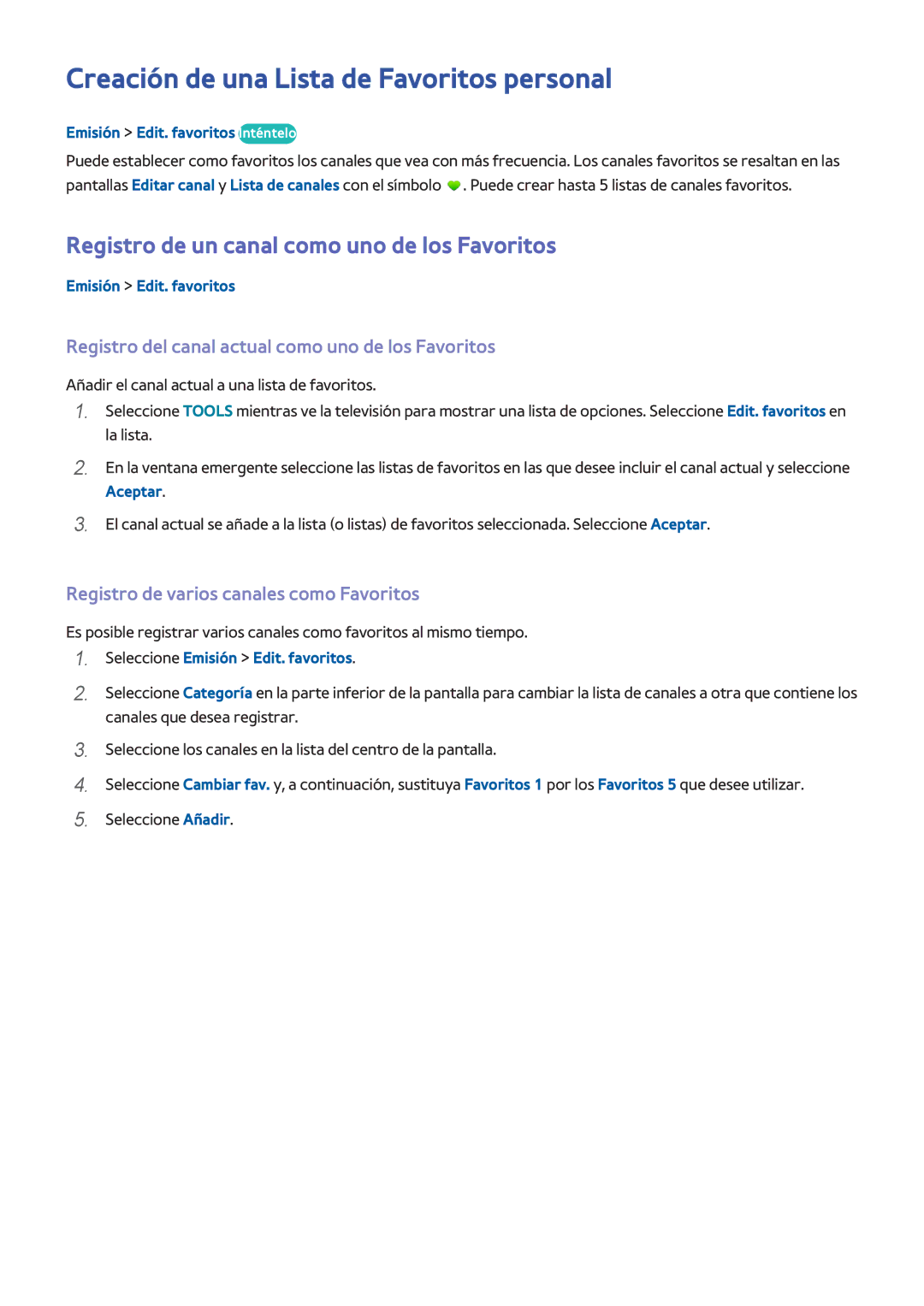 Samsung UE48H6410SSXXC manual Creación de una Lista de Favoritos personal, Registro de un canal como uno de los Favoritos 