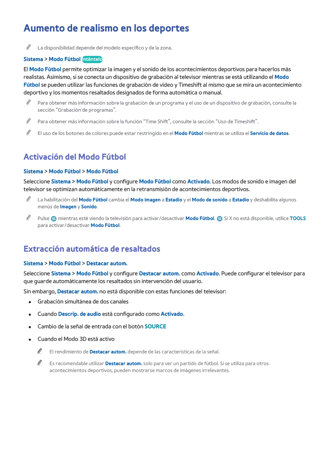 Samsung UE32H6400AWXXC, UE48H6200AWXXH, UE40H6410SSXXC manual Aumento de realismo en los deportes, Activación del Modo Fútbol 