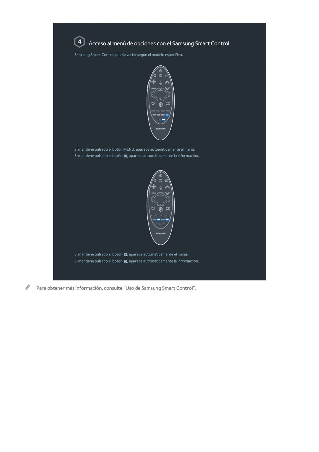 Samsung UE48H6200AWXXC, UE48H6200AWXXH, UE40H6410SSXXC manual Acceso al menú de opciones con el Samsung Smart Control 