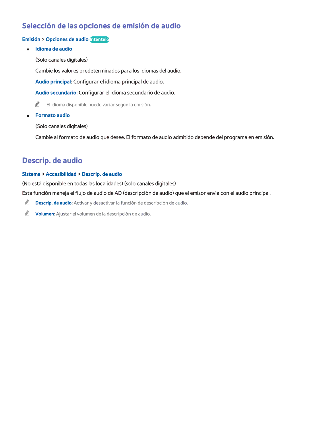 Samsung UE40H6200AWXXC, UE48H6200AWXXH Selección de las opciones de emisión de audio, Descrip. de audio, Formato audio 