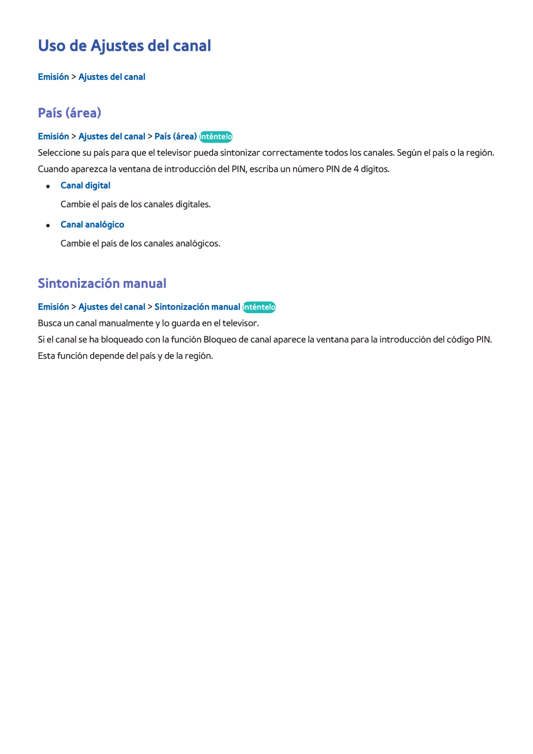 Samsung UE32H4500AWXXH, UE48H6200AWXXH, UE40H6410SSXXC Uso de Ajustes del canal, País área, Sintonización manual 