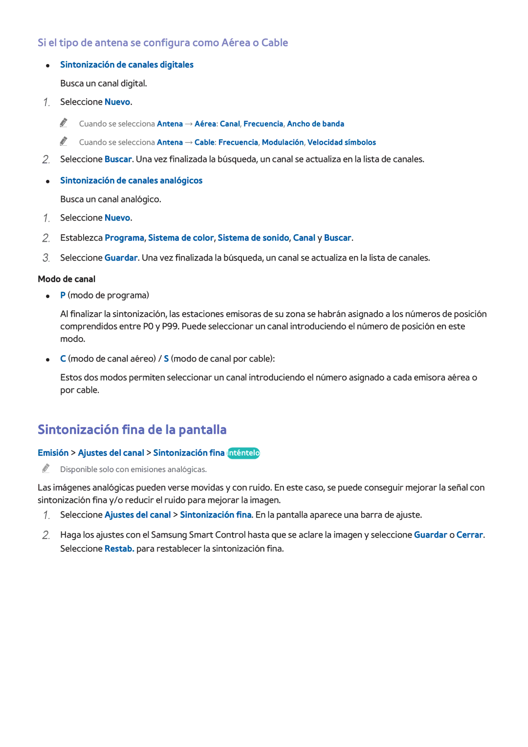 Samsung UE48H6400AWXXH manual Sintonización fina de la pantalla, Si el tipo de antena se configura como Aérea o Cable 