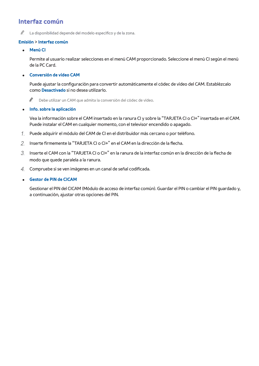 Samsung UE75H6400AWXXH manual Emisión Interfaz común Menú CI, Conversión de vídeo CAM, Info. sobre la aplicación 