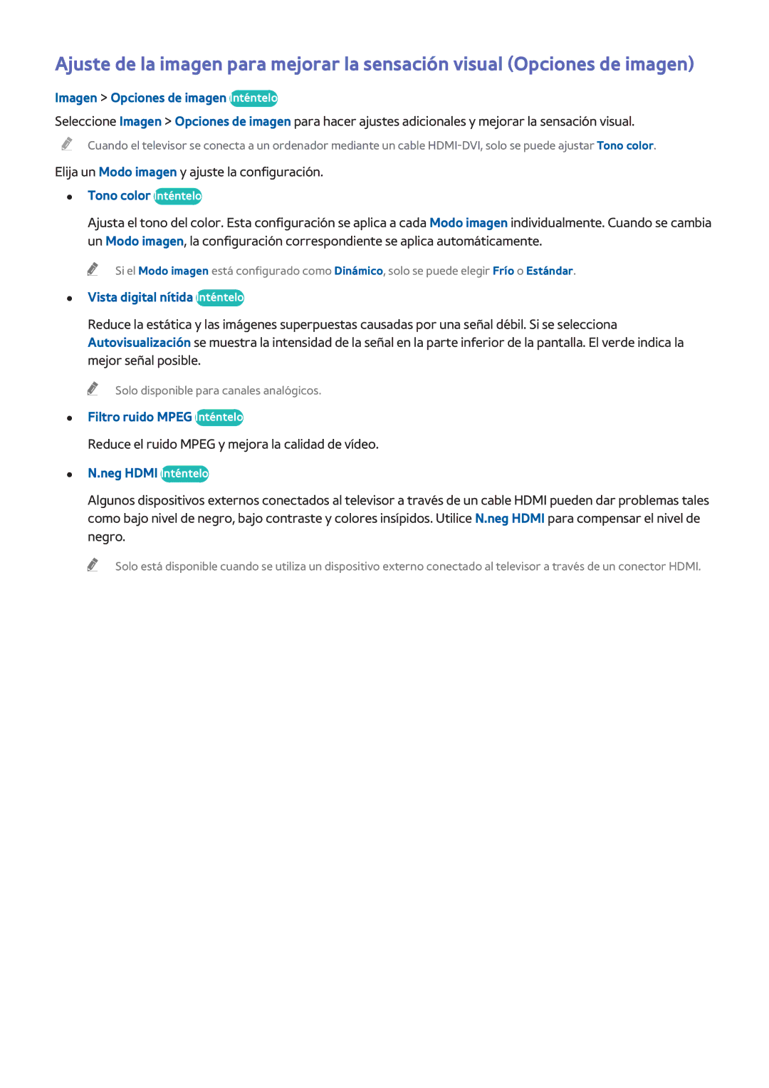 Samsung UE75H6400AWXXC manual Imagen Opciones de imagen Inténtelo, Tono color Inténtelo, Vista digital nítida Inténtelo 