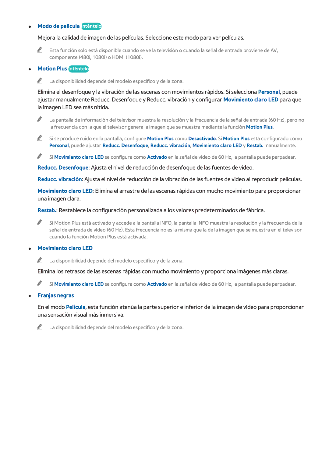 Samsung UE48H6500SLXXH manual Modo de película Inténtelo, Motion Plus Inténtelo, Movimiento claro LED, Franjas negras 