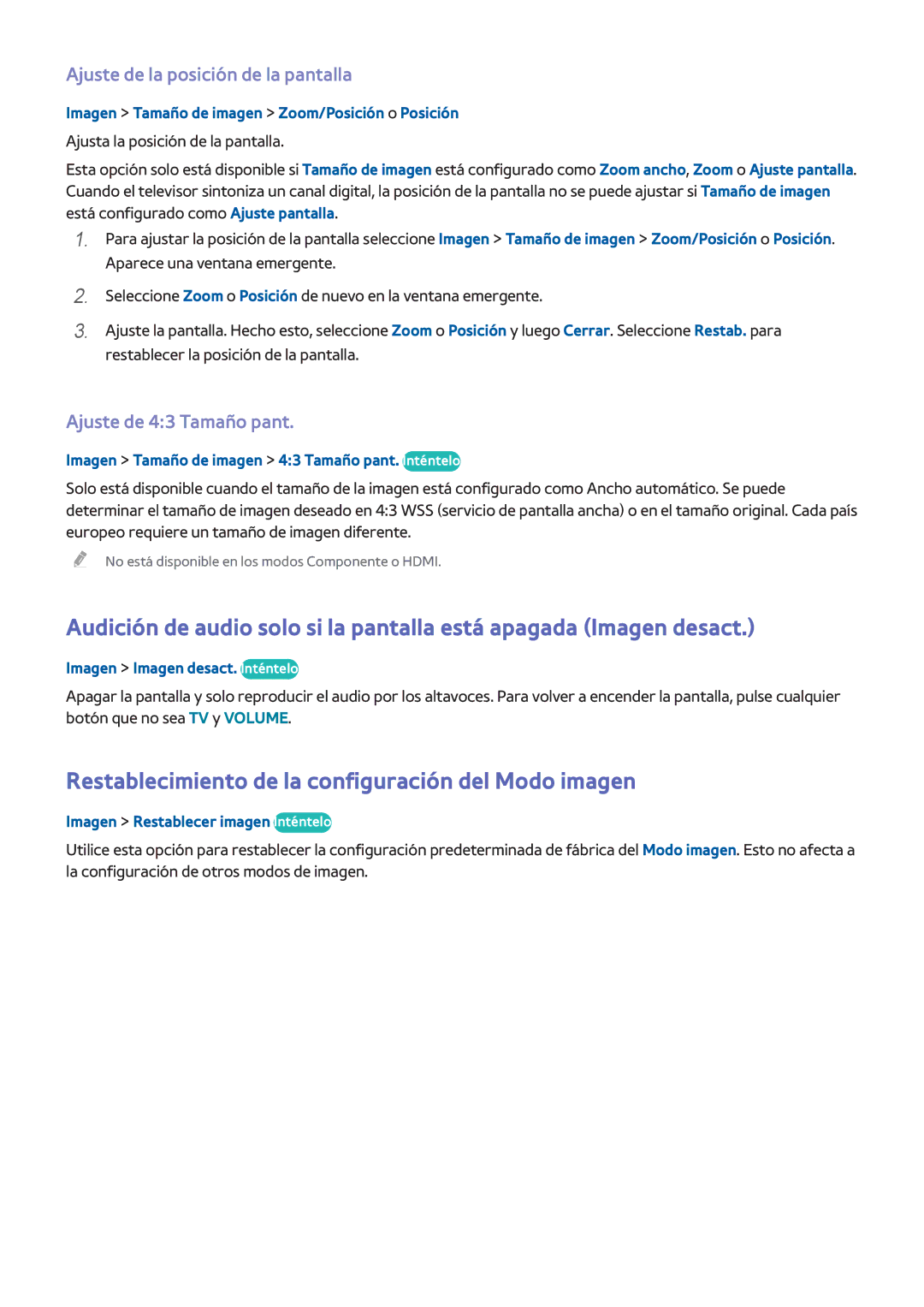 Samsung UE48H6470SSXXC manual Restablecimiento de la configuración del Modo imagen, Ajuste de la posición de la pantalla 