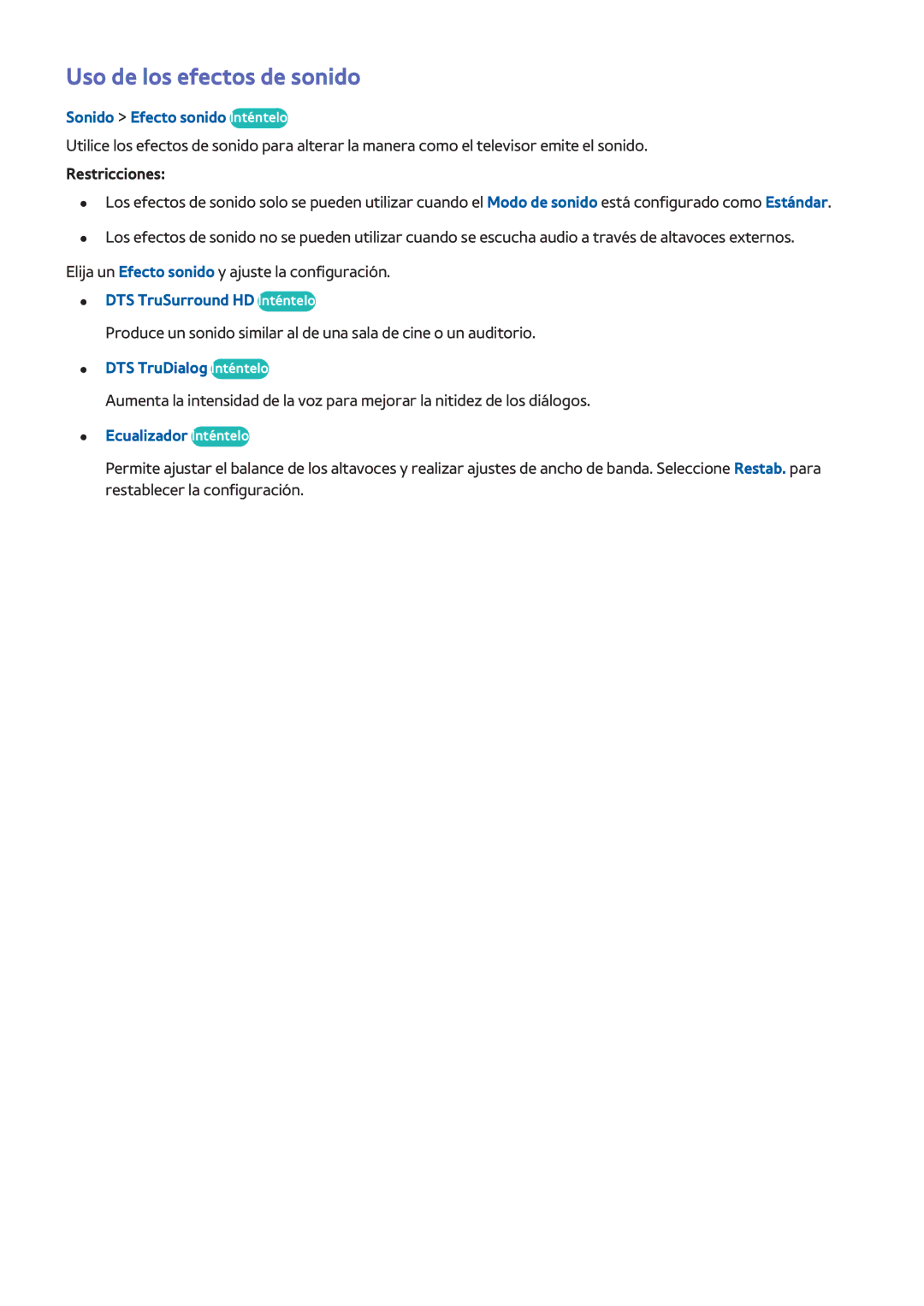 Samsung UE65H6470SSXXH manual Uso de los efectos de sonido, Sonido Efecto sonido Inténtelo, DTS TruSurround HD Inténtelo 