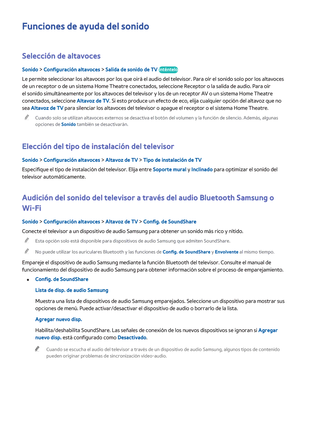 Samsung UE32H4510AWXXC, UE48H6200AWXXH manual Funciones de ayuda del sonido, Selección de altavoces, Agregar nuevo disp 