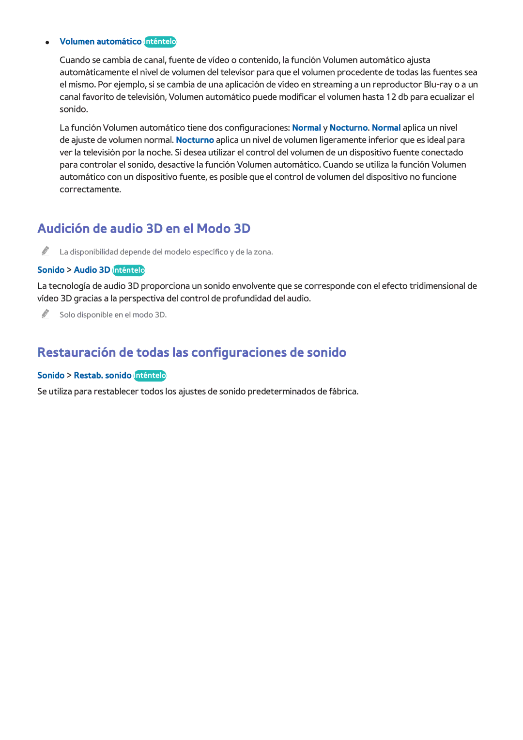 Samsung UE40H5570SSXXH manual Audición de audio 3D en el Modo 3D, Restauración de todas las configuraciones de sonido 