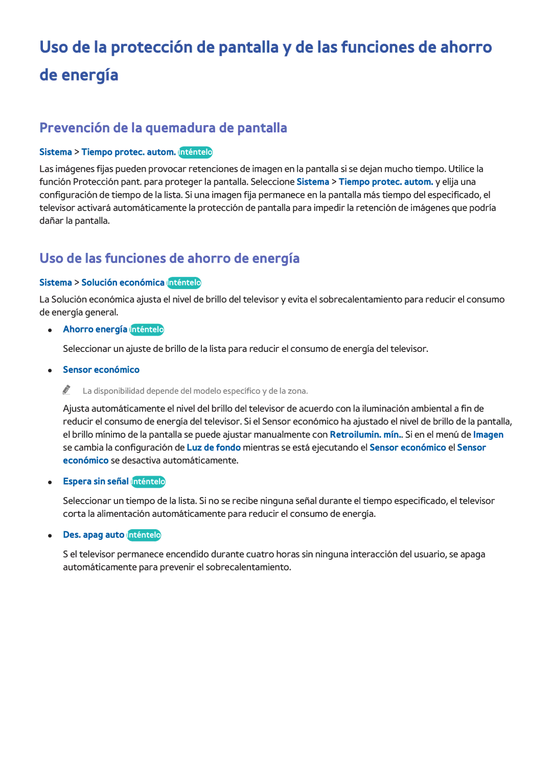 Samsung UE55H6200AWXXC, UE48H6200AWXXH Prevención de la quemadura de pantalla, Uso de las funciones de ahorro de energía 