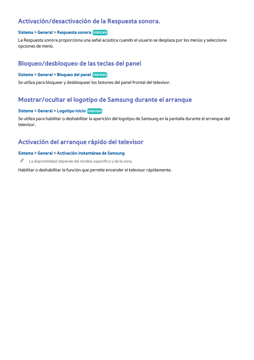 Samsung UE48H6470SSXXH manual Activación/desactivación de la Respuesta sonora, Bloqueo/desbloqueo de las teclas del panel 