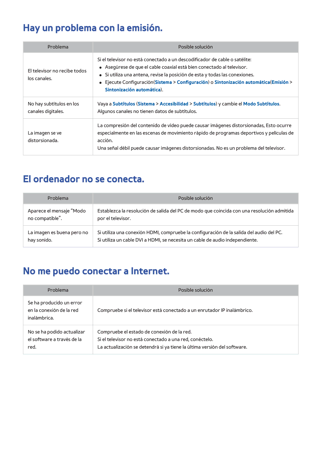 Samsung UE55H6400AWXXC manual Hay un problema con la emisión, El ordenador no se conecta, No me puedo conectar a Internet 