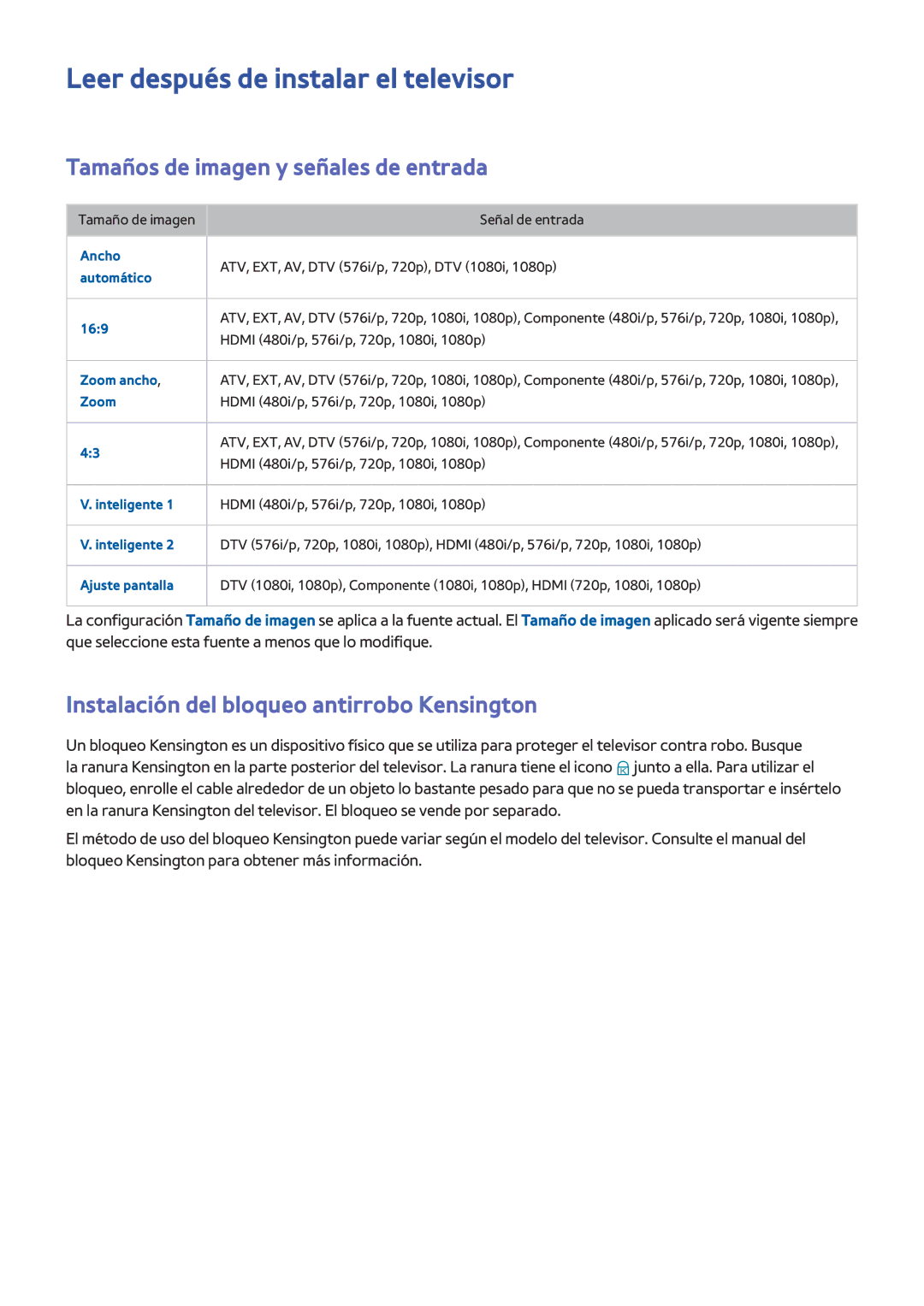 Samsung UE48H6200AWXXC, UE48H6200AWXXH manual Leer después de instalar el televisor, Tamaños de imagen y señales de entrada 