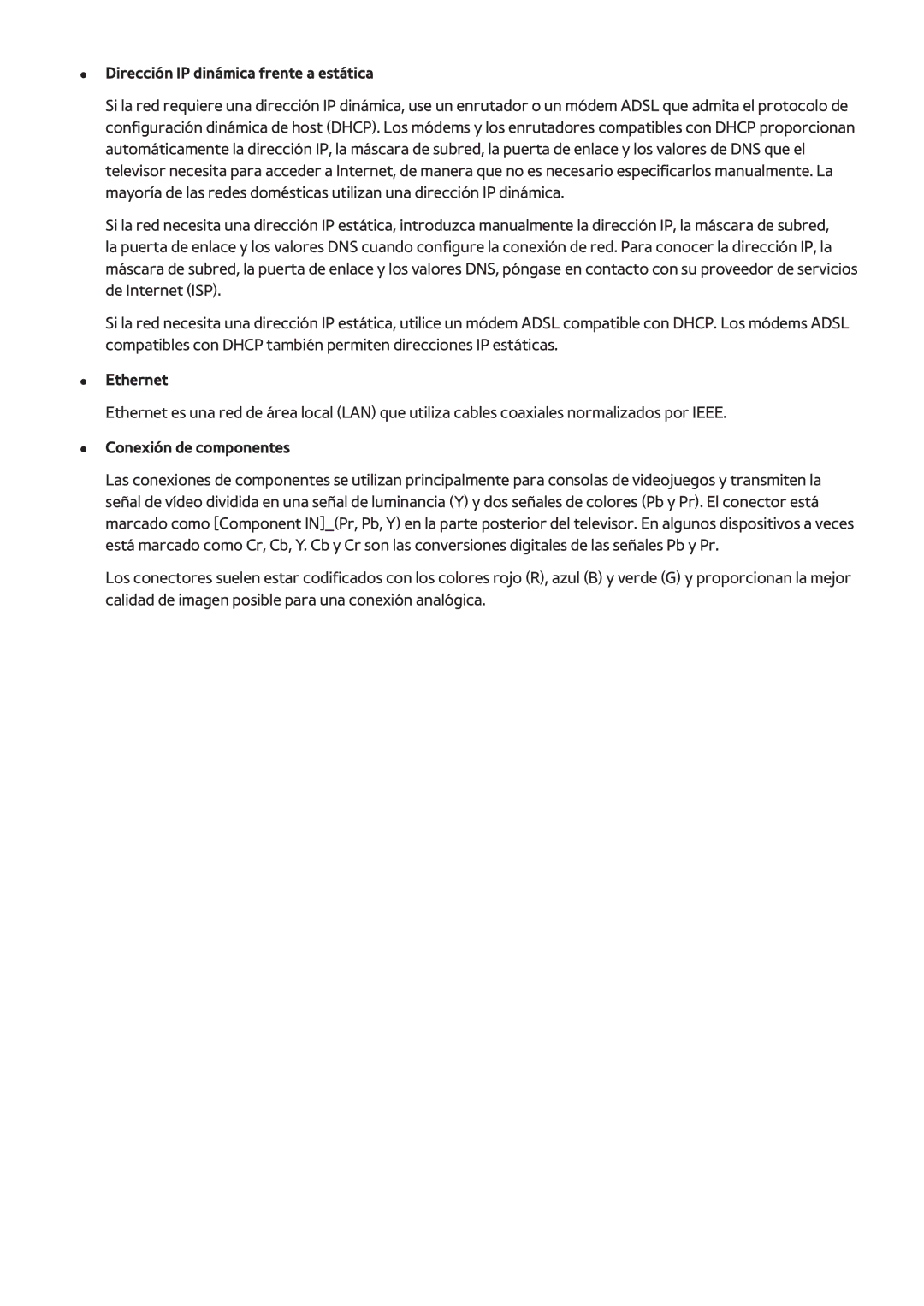 Samsung UE32H5570SSXXH, UE48H6200AWXXH manual Dirección IP dinámica frente a estática, Ethernet, Conexión de componentes 