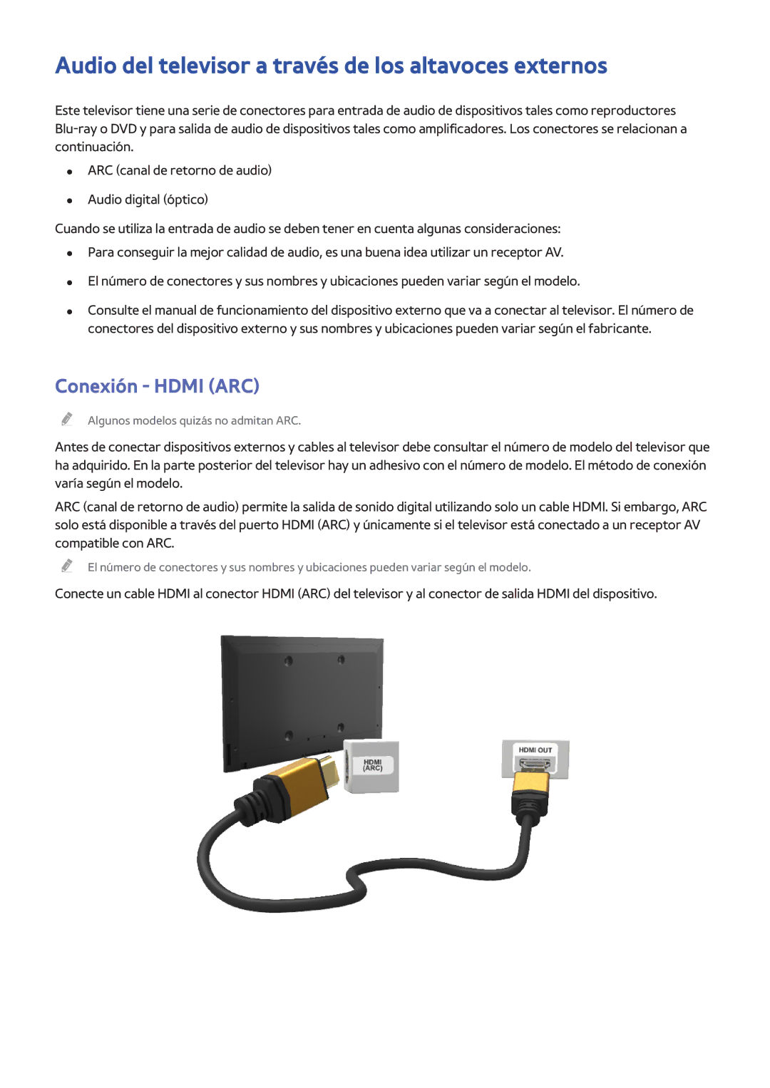 Samsung UE40H5570SSXXH, UE48H6200AWXXH manual Audio del televisor a través de los altavoces externos, Conexión Hdmi ARC 