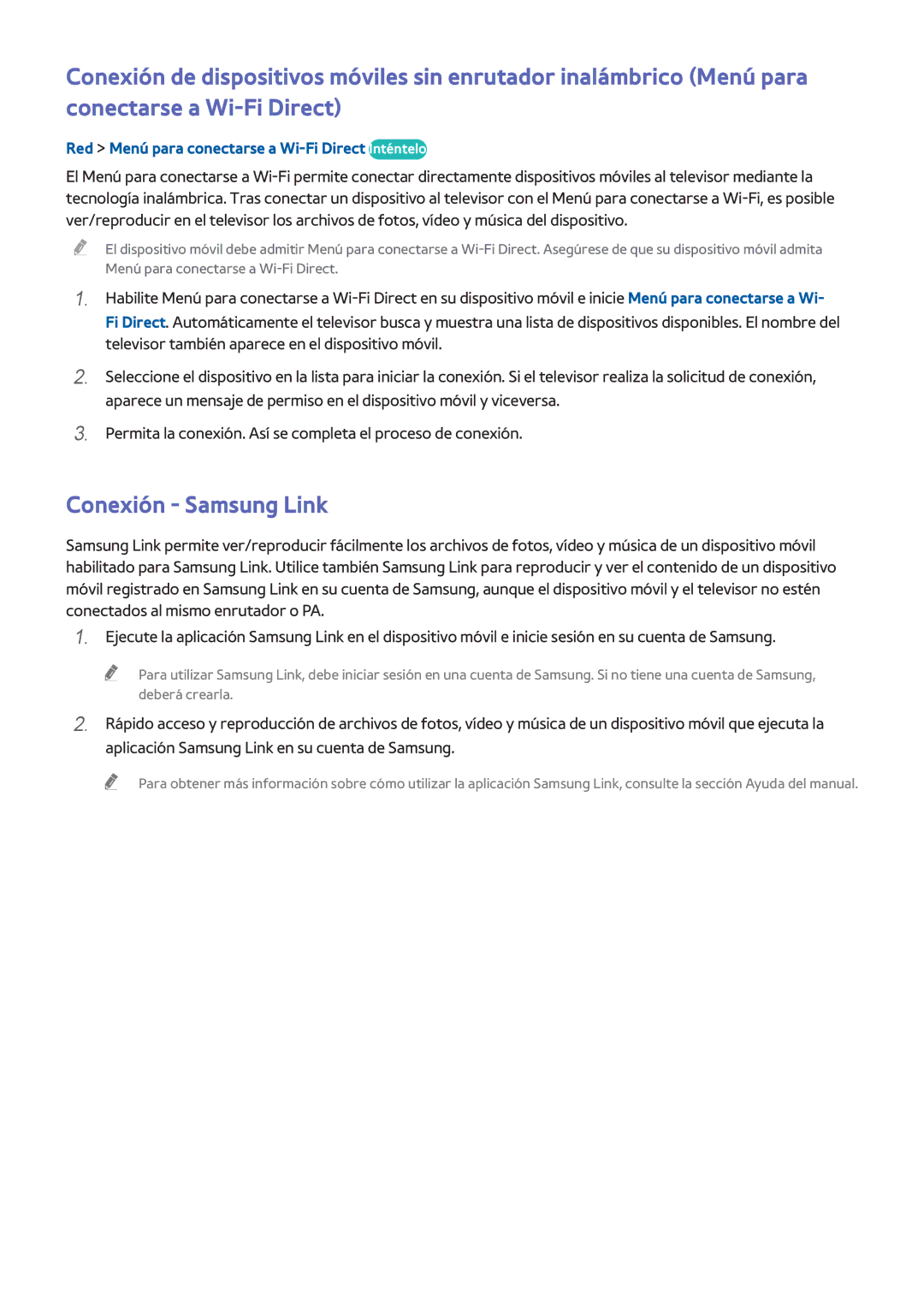 Samsung UE48H6240AWXXC, UE48H6200AWXXH manual Conexión Samsung Link, Red Menú para conectarse a Wi-Fi Direct Inténtelo 