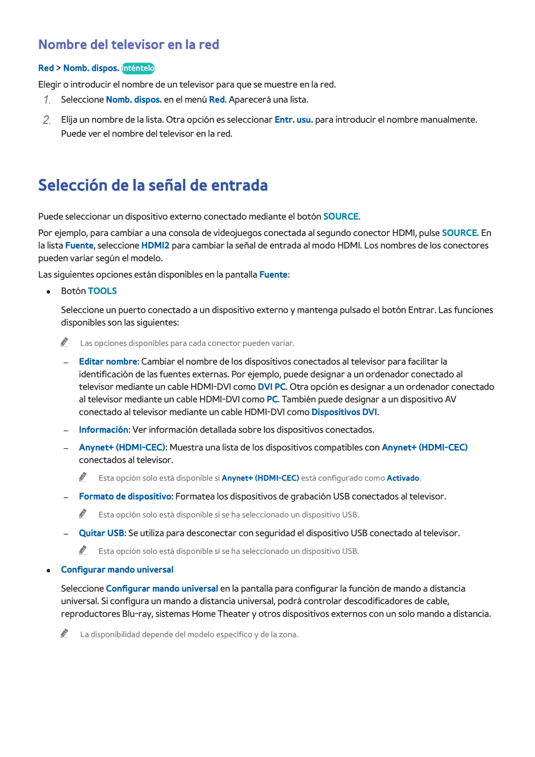 Samsung UE40H7000SLXXC manual Selección de la señal de entrada, Nombre del televisor en la red, Red Nomb. dispos. Inténtelo 