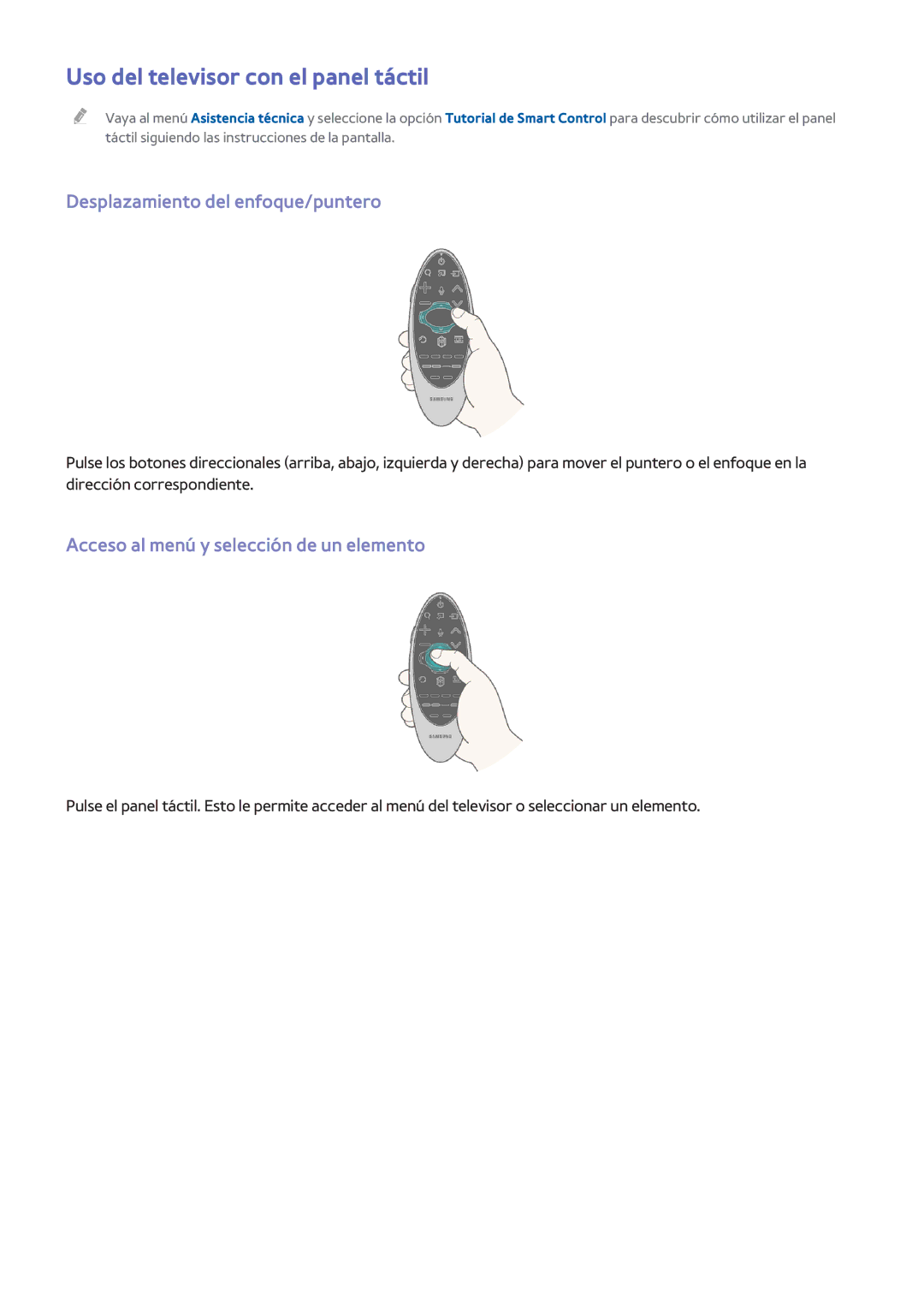 Samsung UE48H5570SSXXH, UE48H6200AWXXH manual Uso del televisor con el panel táctil, Desplazamiento del enfoque/puntero 