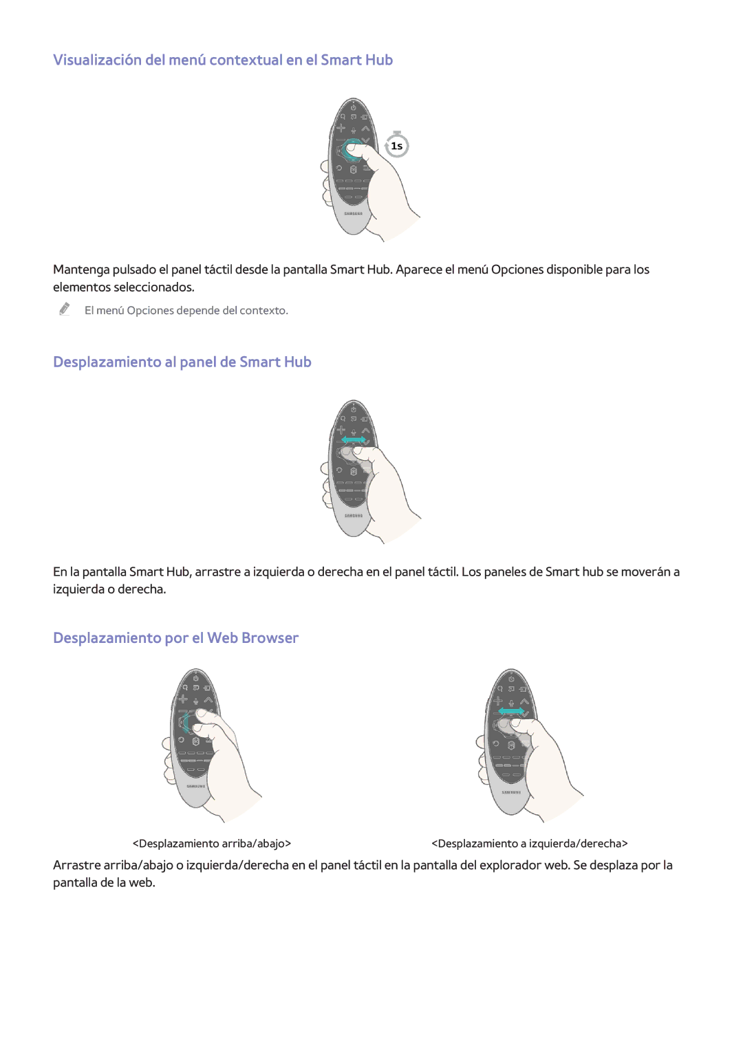 Samsung UA48H6400AWXMV manual Visualización del menú contextual en el Smart Hub, Desplazamiento al panel de Smart Hub 