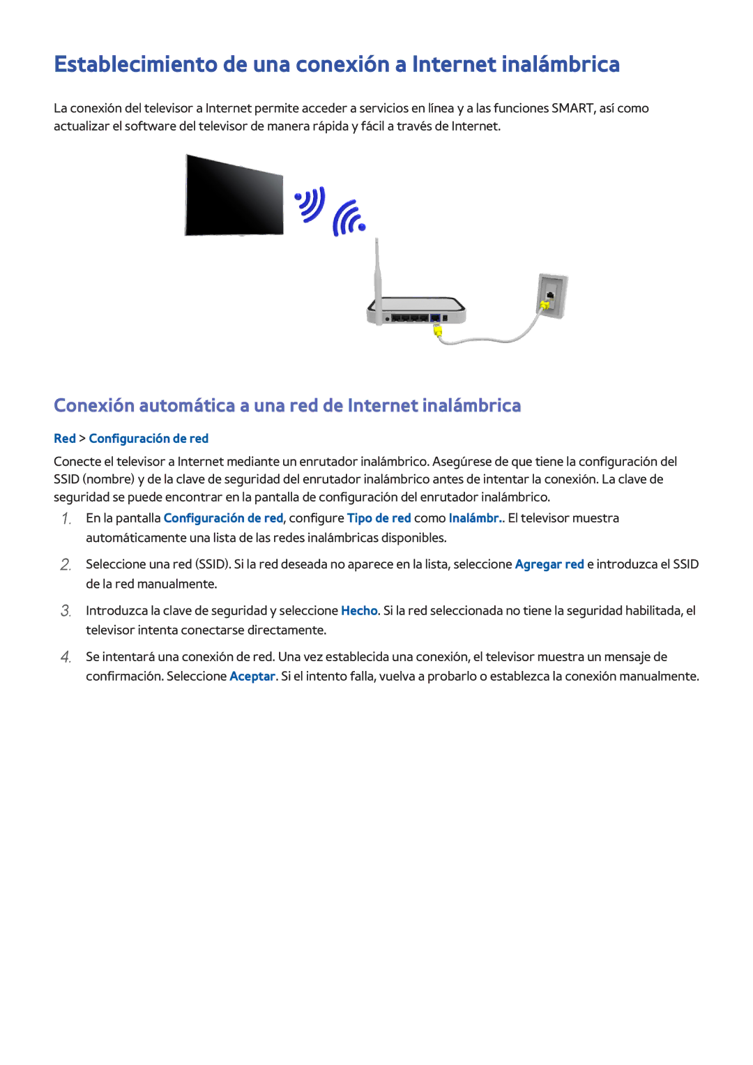 Samsung UE32H4500AWXXC, UE48H6200AWXXH, UE40H6410SSXXC manual Establecimiento de una conexión a Internet inalámbrica 