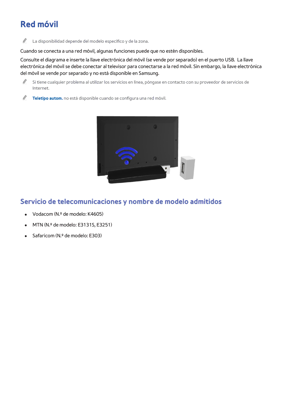 Samsung UE55H6500SLXXC, UE48H6200AWXXH manual Red móvil, Servicio de telecomunicaciones y nombre de modelo admitidos 