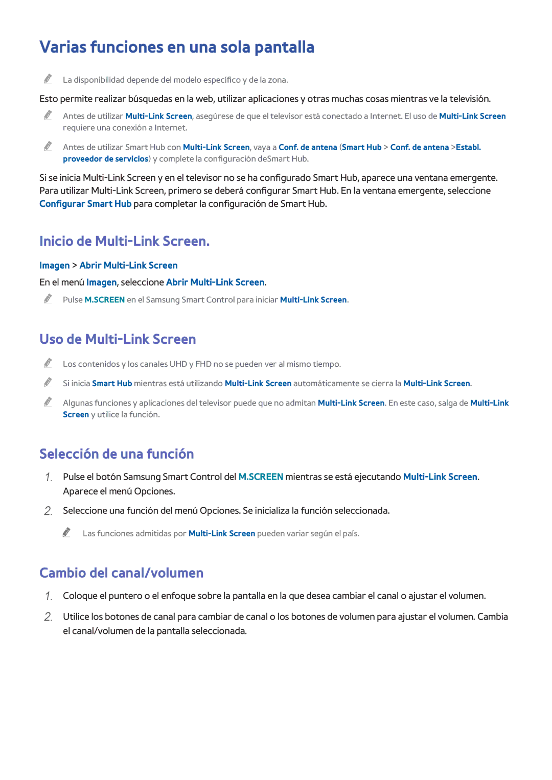 Samsung UE50H6400AWXXC manual Varias funciones en una sola pantalla, Inicio de Multi-Link Screen, Uso de Multi-Link Screen 
