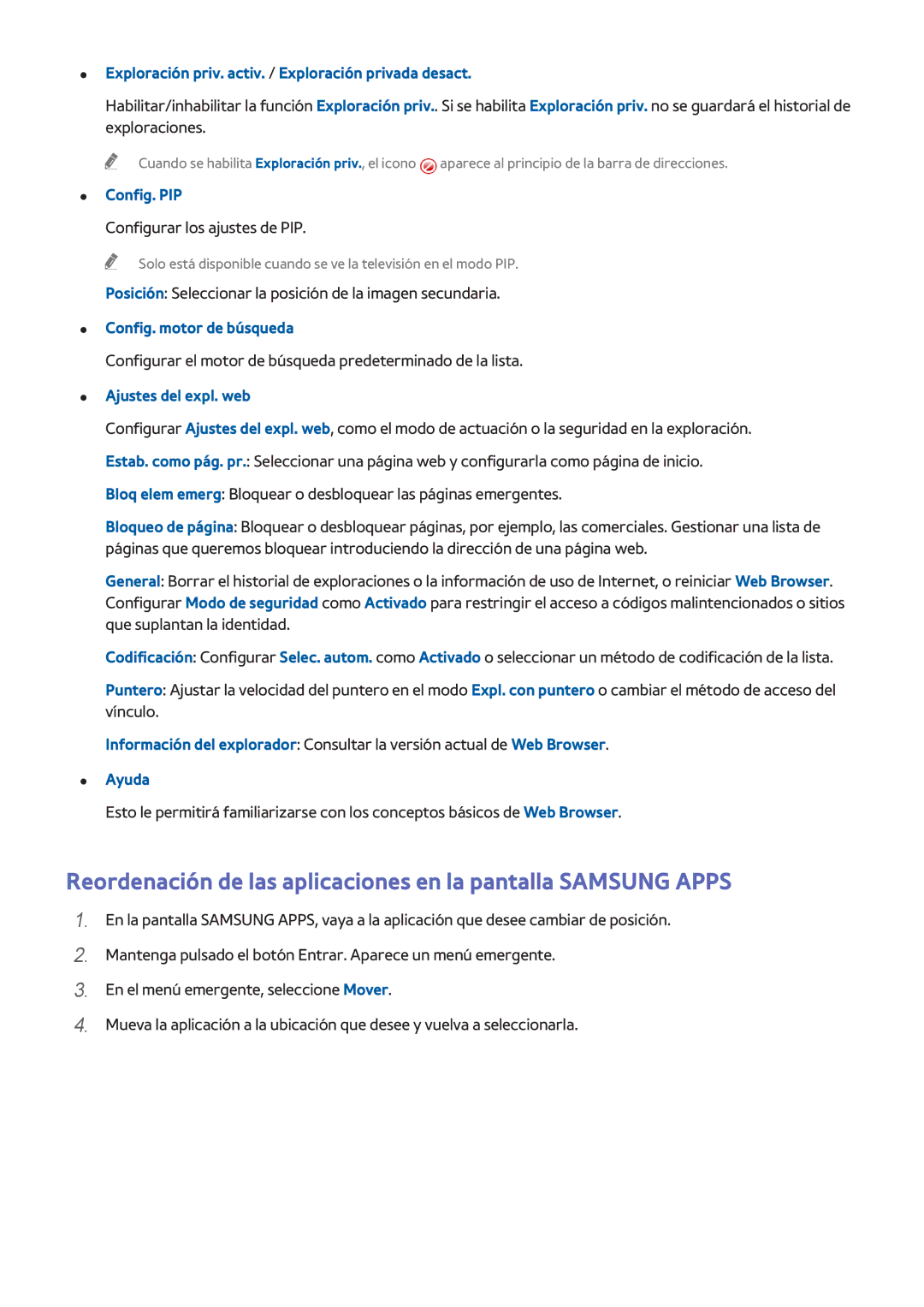 Samsung UE75H6400AWXXC manual Exploración priv. activ. / Exploración privada desact, Config. PIP, Config. motor de búsqueda 