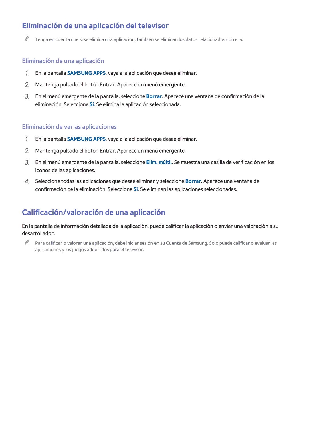 Samsung UE48H6500SLXXH manual Eliminación de una aplicación del televisor, Calificación/valoración de una aplicación 