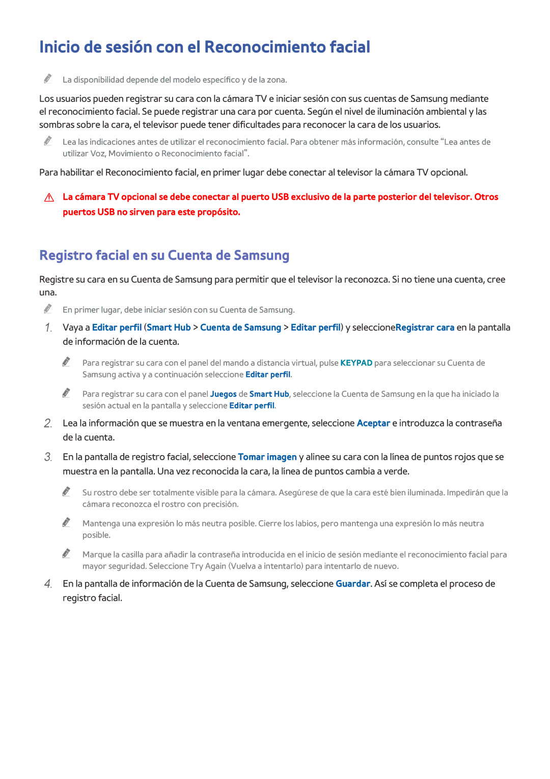 Samsung UE32H6410SSXXC manual Inicio de sesión con el Reconocimiento facial, Registro facial en su Cuenta de Samsung 