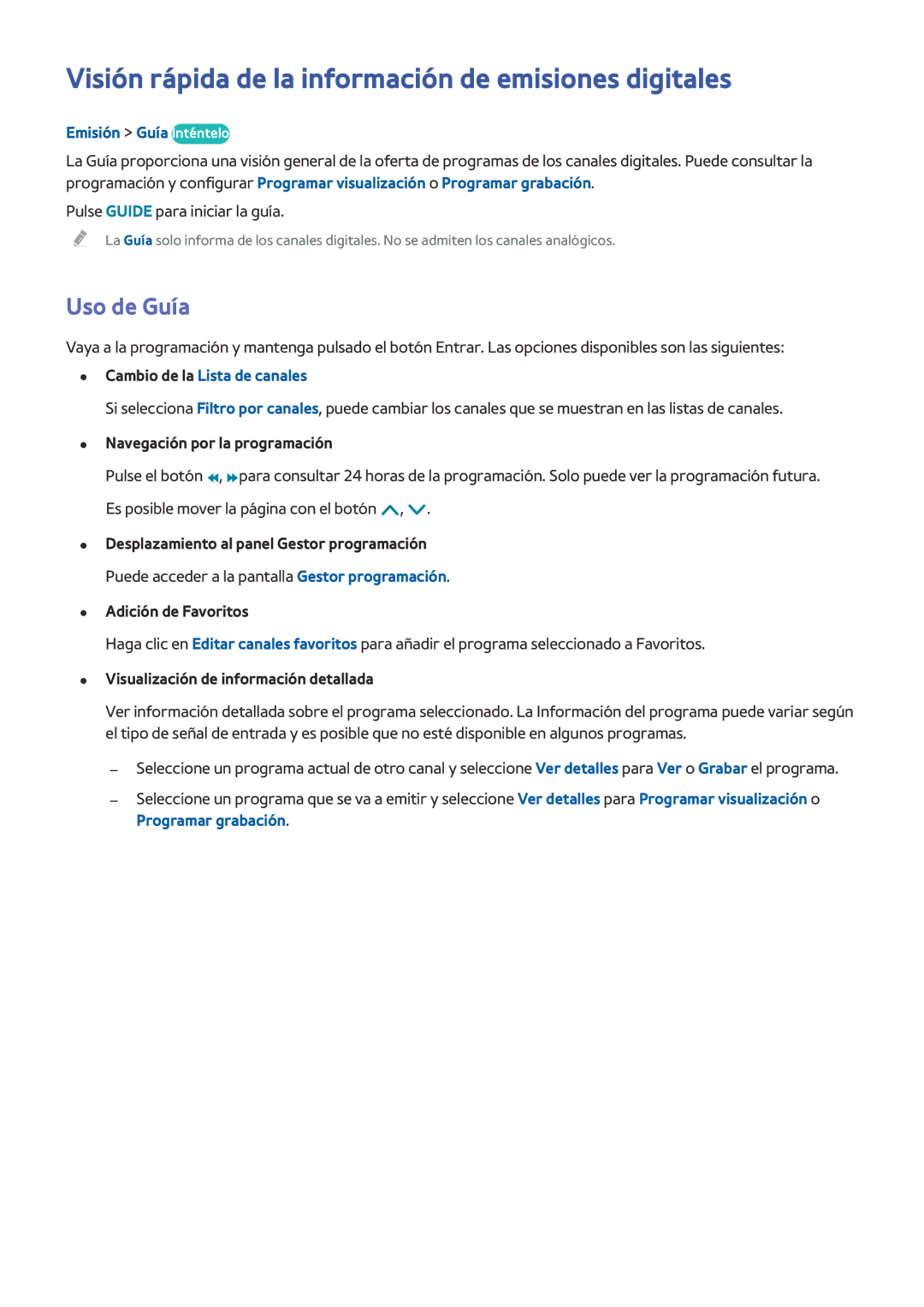 Samsung UE48H6470SSXXH manual Visión rápida de la información de emisiones digitales, Uso de Guía, Emisión Guía Inténtelo 