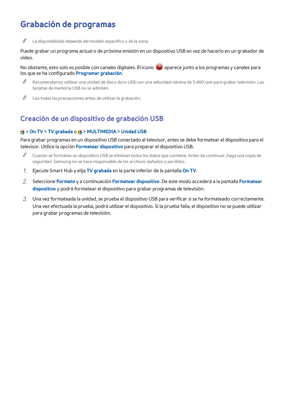 Samsung UE40H6500SLXXC, UE48H6200AWXXH, UE48H6800AWXXH Grabación de programas, Creación de un dispositivo de grabación USB 