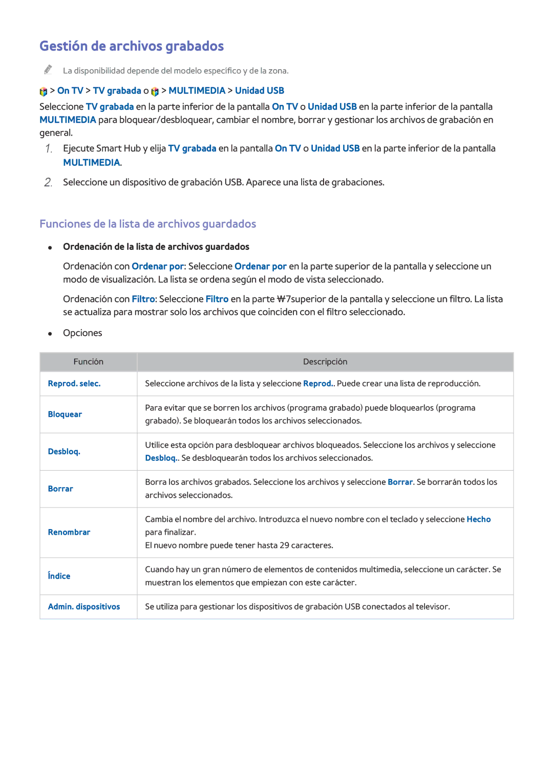 Samsung UE55H6400AWXXC, UE48H6200AWXXH manual Gestión de archivos grabados, Funciones de la lista de archivos guardados 