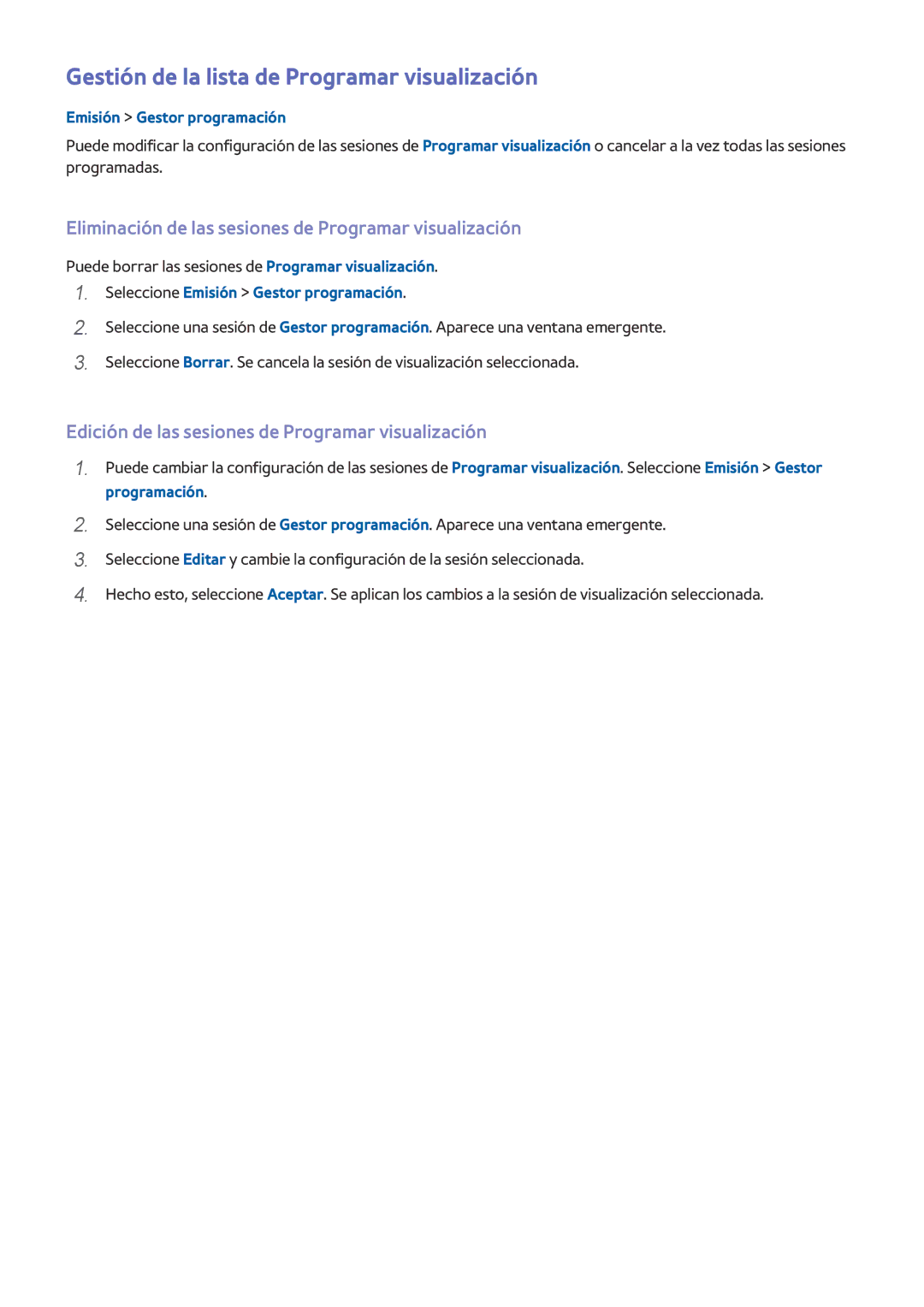 Samsung UA60H6400AKXKE Gestión de la lista de Programar visualización, Edición de las sesiones de Programar visualización 