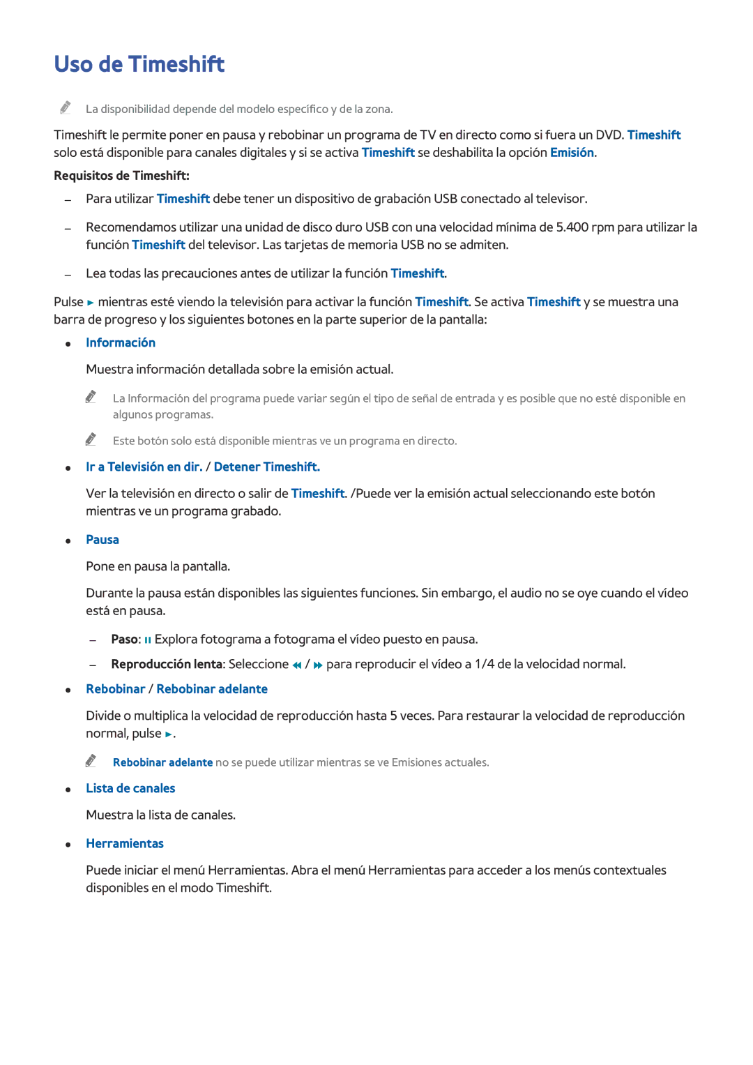 Samsung UE40H5510SSXXC manual Uso de Timeshift, Requisitos de Timeshift, Ir a Televisión en dir. / Detener Timeshift, Pausa 