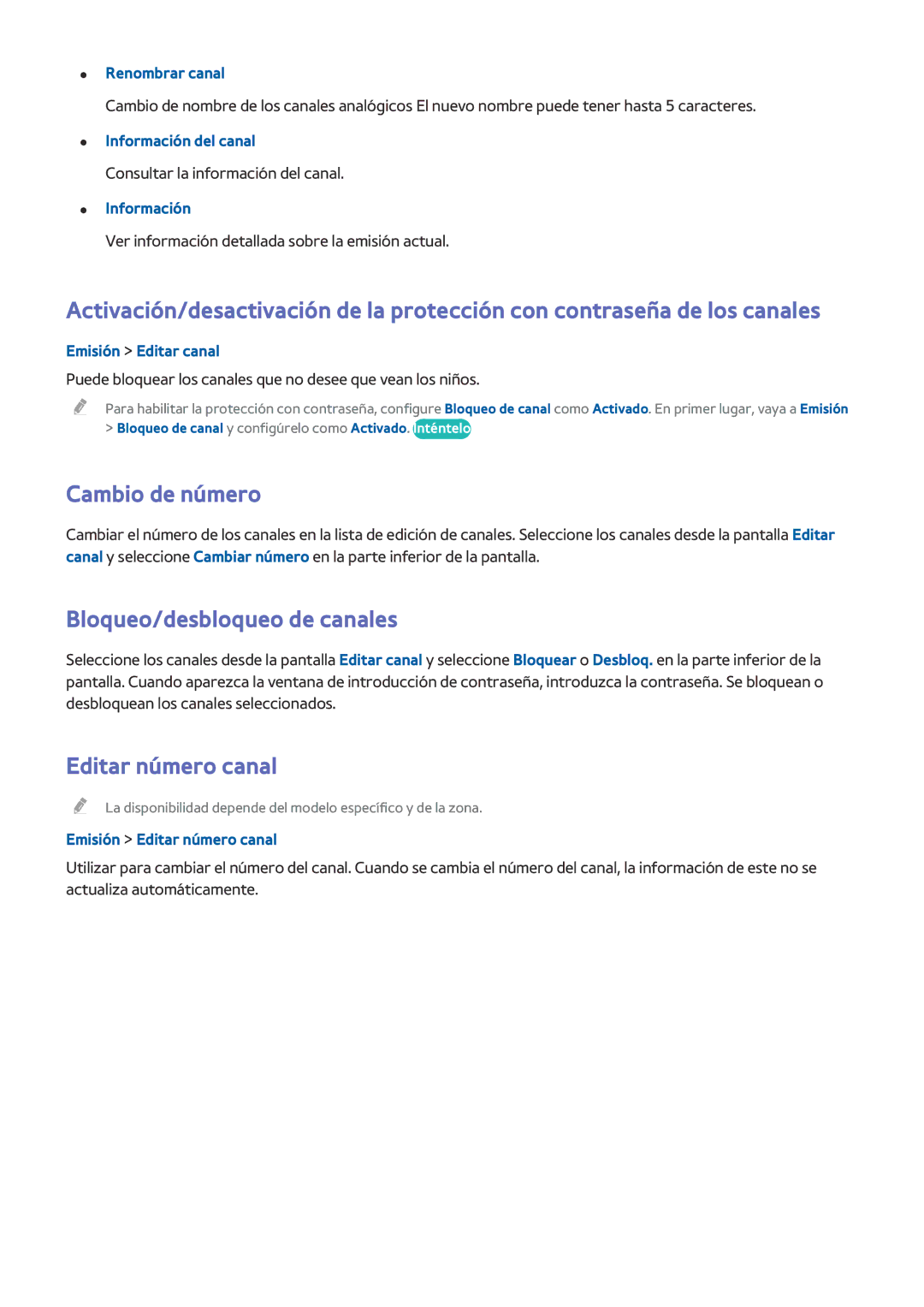 Samsung UE48H6850AWXXC, UE48H6200AWXXH, UE48H6800AWXXH Cambio de número, Bloqueo/desbloqueo de canales, Editar número canal 