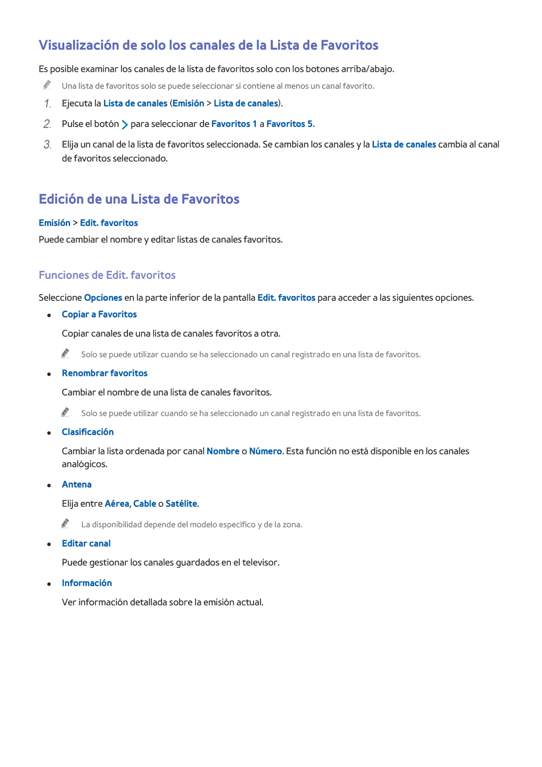 Samsung UE50H6470SSXXC manual Visualización de solo los canales de la Lista de Favoritos, Edición de una Lista de Favoritos 
