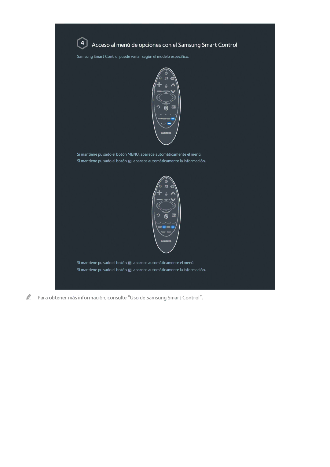 Samsung UE40H5570SSXXH, UE48H6200AWXXH, UE48H6800AWXXH manual Acceso al menú de opciones con el Samsung Smart Control 