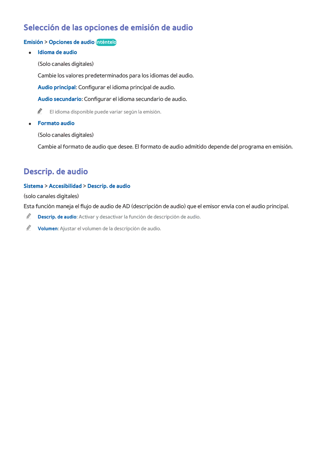 Samsung UE55H6400AWXXH, UE48H6200AWXXH Selección de las opciones de emisión de audio, Descrip. de audio, Formato audio 