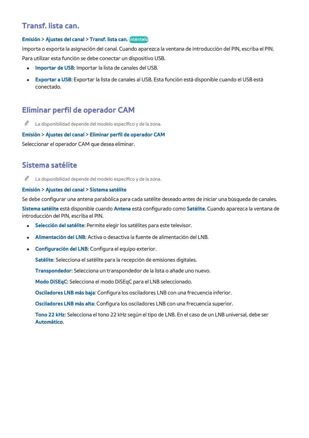 Samsung UE48H6500SLXXH, UE48H6200AWXXH, UE48H6800AWXXH Transf. lista can, Eliminar perfil de operador CAM, Sistema satélite 