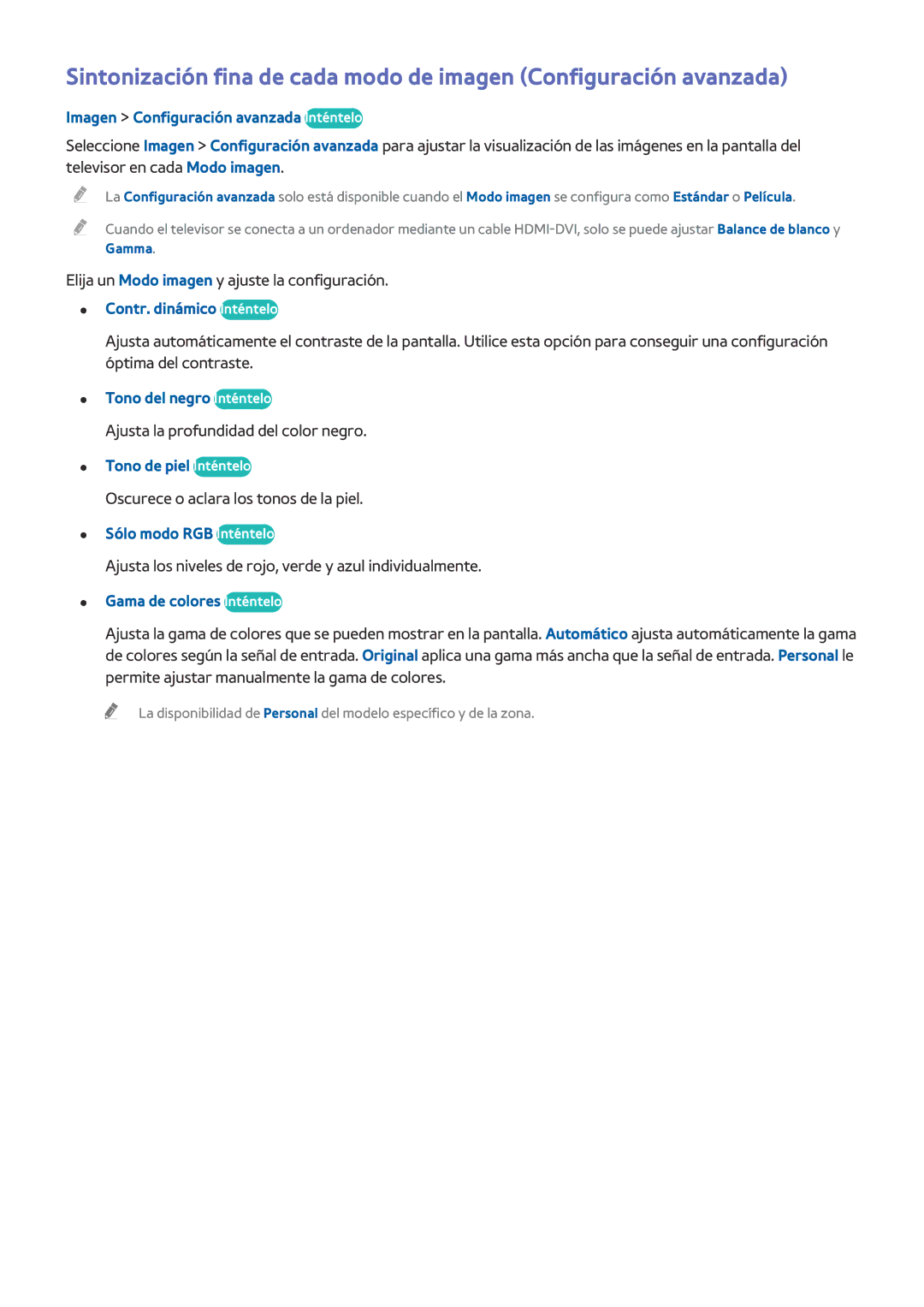 Samsung UE40H6240AWXXC manual Imagen Configuración avanzada Inténtelo, Contr. dinámico Inténtelo, Tono del negro Inténtelo 