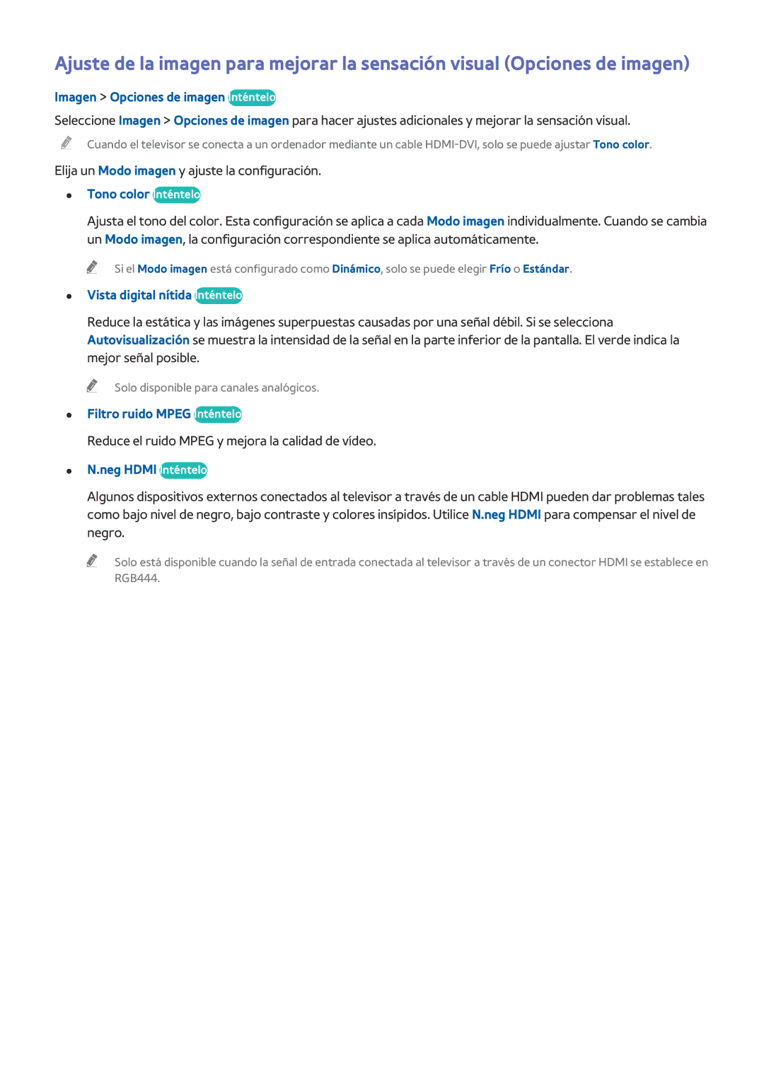 Samsung UE40H6500STXXH manual Imagen Opciones de imagen Inténtelo, Tono color Inténtelo, Vista digital nítida Inténtelo 