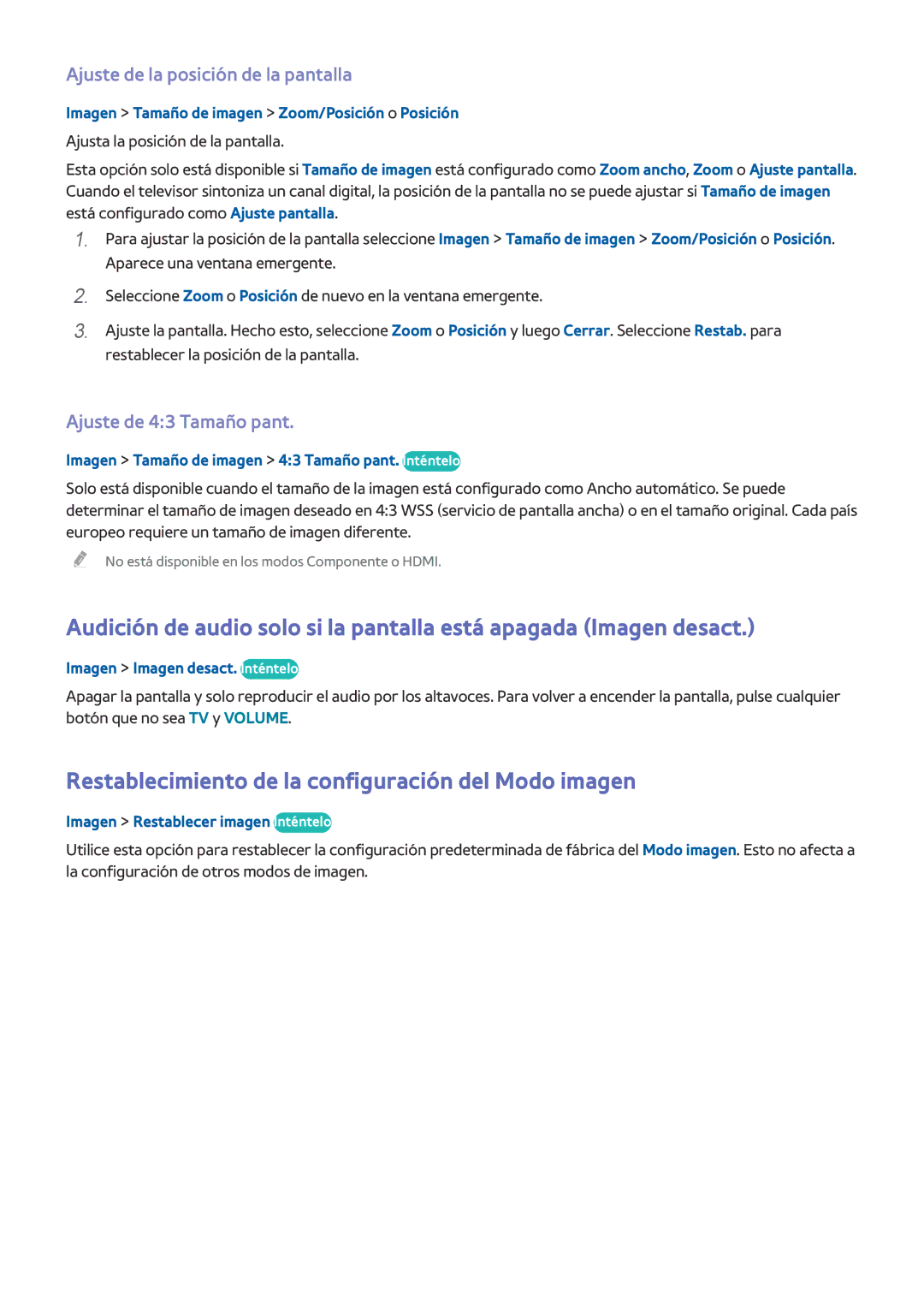 Samsung UE32H6410SSXXC manual Restablecimiento de la configuración del Modo imagen, Ajuste de la posición de la pantalla 