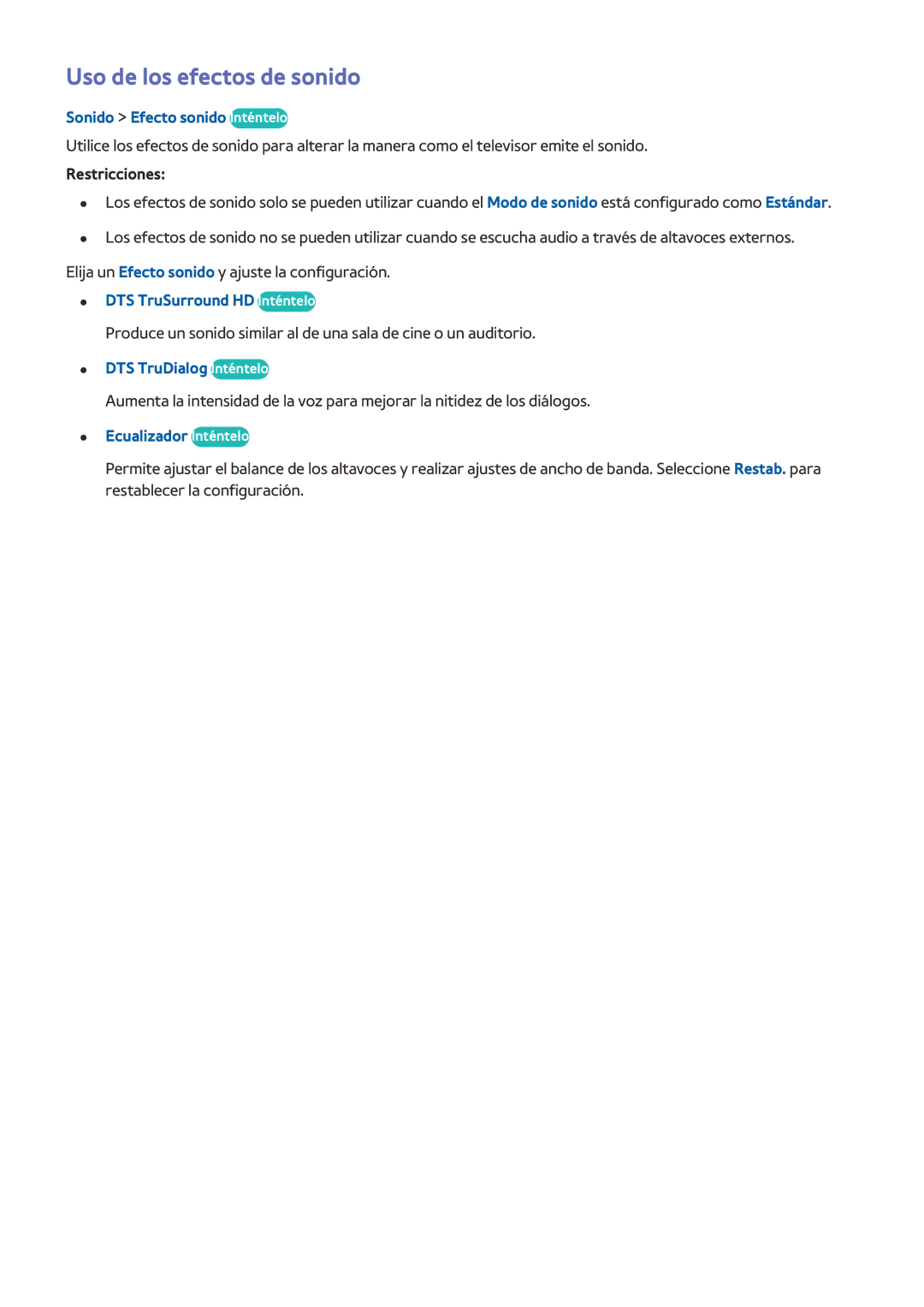 Samsung UE48H6470SSXXH manual Uso de los efectos de sonido, Sonido Efecto sonido Inténtelo, DTS TruSurround HD Inténtelo 