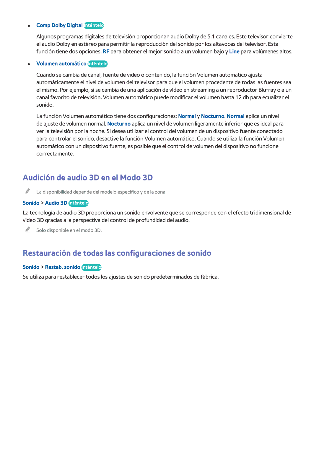 Samsung UE48H6800AWXXC manual Audición de audio 3D en el Modo 3D, Restauración de todas las configuraciones de sonido 