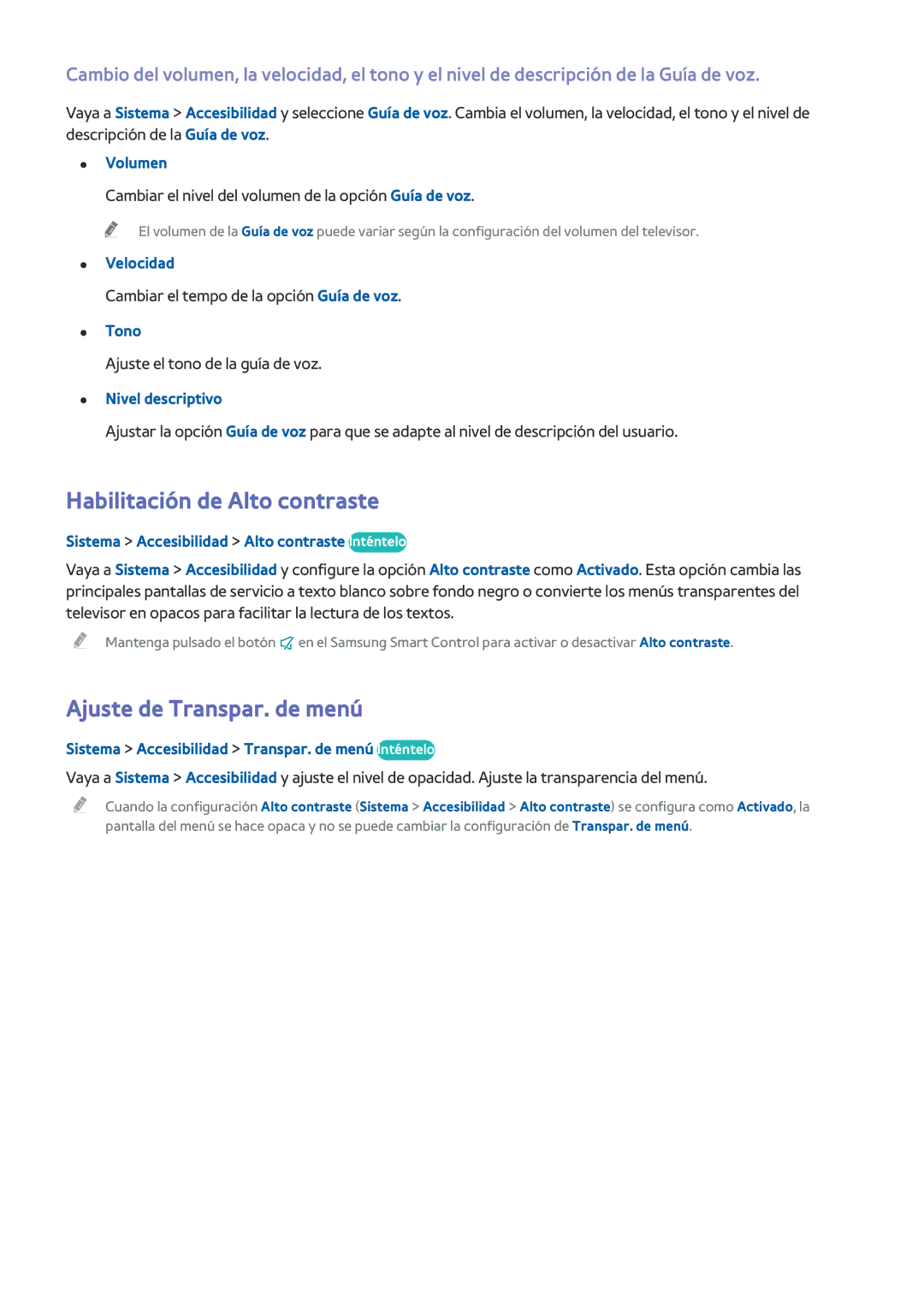 Samsung UE55H6800AWXXC, UE48H6200AWXXH, UE48H6800AWXXH manual Habilitación de Alto contraste, Ajuste de Transpar. de menú 