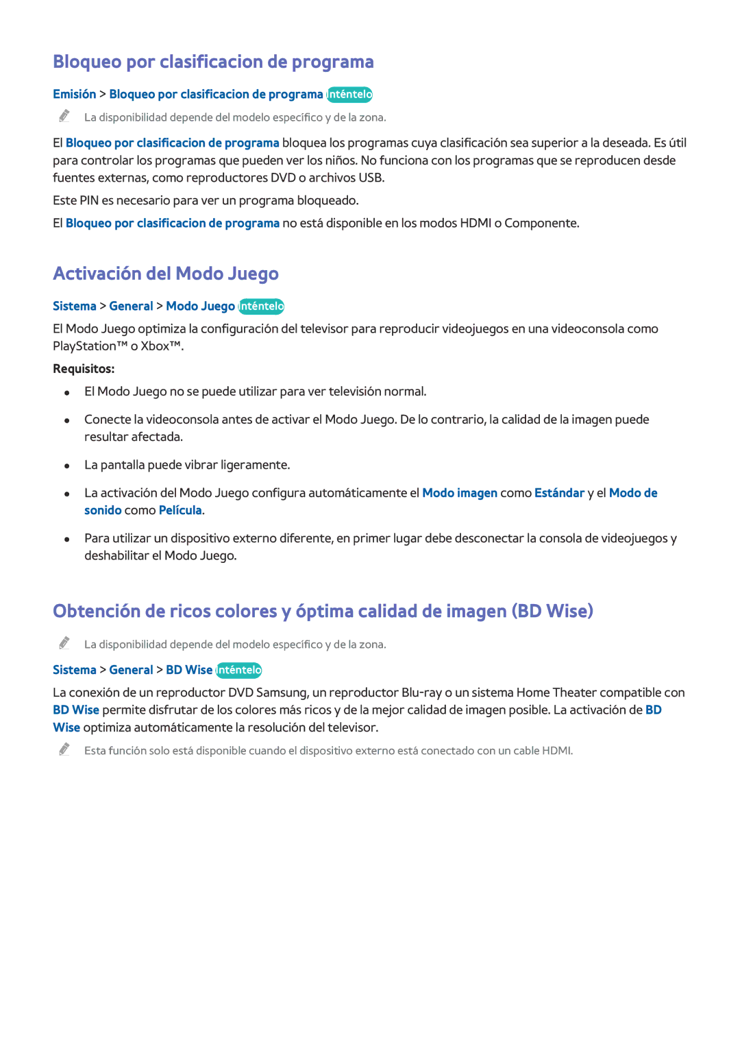 Samsung UE32H6400AWXXC Bloqueo por clasificacion de programa, Activación del Modo Juego, Sistema General BD Wise Inténtelo 