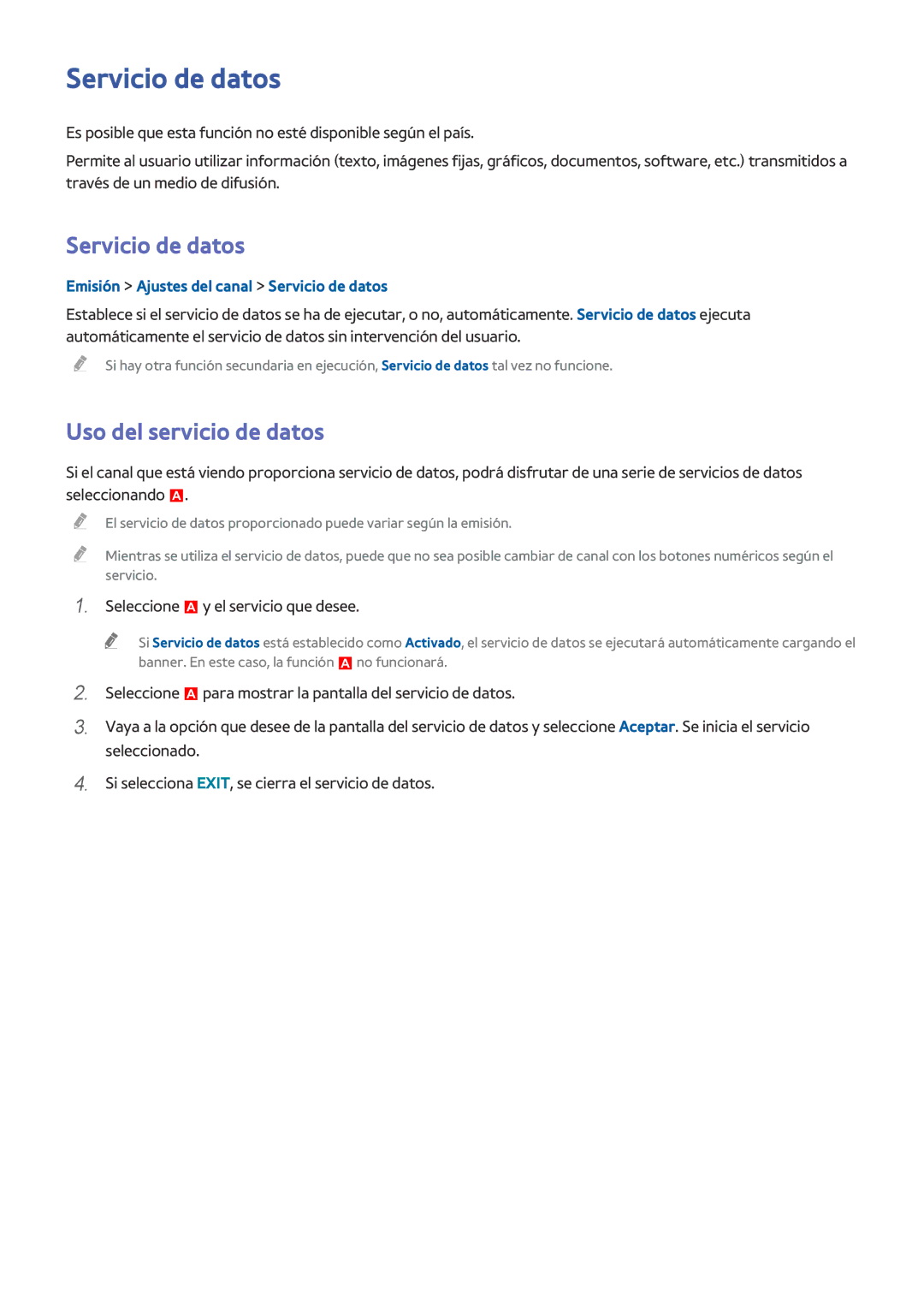 Samsung UE48H6200AWXXH, UE48H6800AWXXH manual Uso del servicio de datos, Emisión Ajustes del canal Servicio de datos 