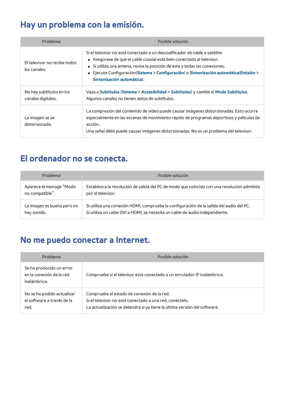 Samsung UE40H5570SSXXH manual Hay un problema con la emisión, El ordenador no se conecta, No me puedo conectar a Internet 