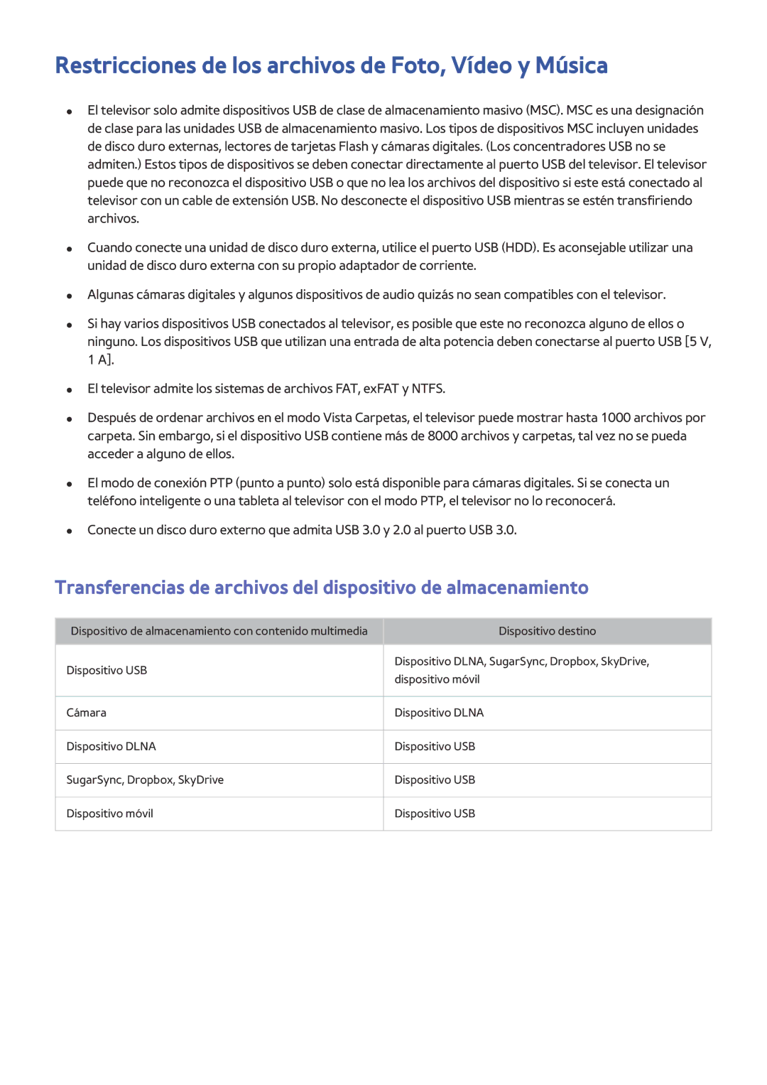 Samsung UA60H6400AKXKE, UE48H6200AWXXH, UE48H6800AWXXH, UE32H4500AWXXH Restricciones de los archivos de Foto, Vídeo y Música 